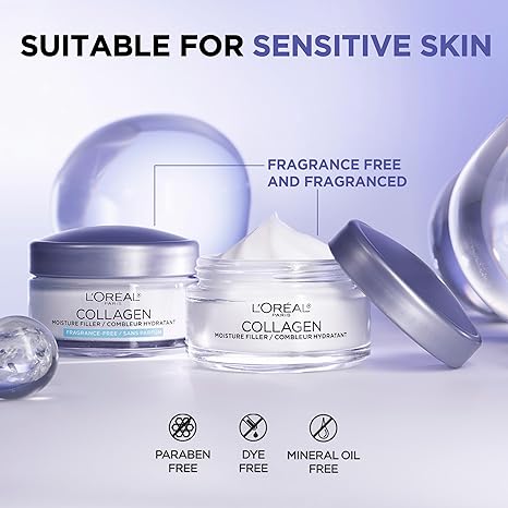 L'Oreal Paris Collagen Moisture Filler Face Cream, Anti-Aging Face Moisturizer, Non-Greasy Fragrance Free Skin Care Formula For Up to 48HR Hydration, 3.4 Oz, (Pack of 2)