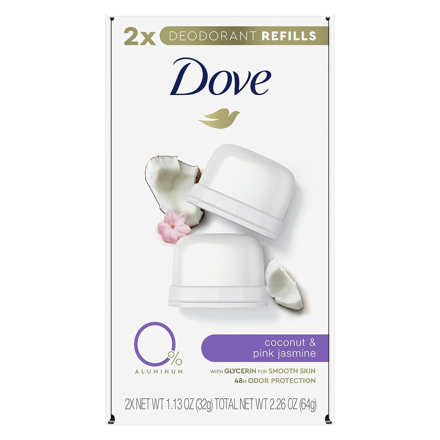 Dove Refillable Deodorant Refill Kit Deodorant For Women Coconut & Pink Jasmine 0% Aluminum 1.13 oz 2 Refills