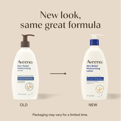 Aveeno Skin Relief Moisturizing Body Lotion Heals Very Dry, Sensitive Skin, Fast Absorbing Lotion with Soothing Triple Oat & Shea Butter Formula, Fragrance Free Lotion, Non-Comedogenic, 18 Fl Oz