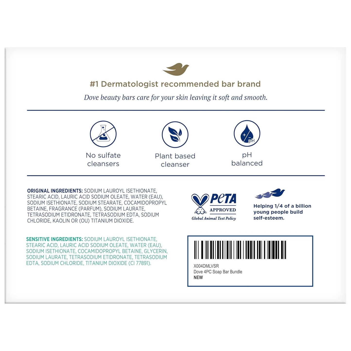 Dove Beauty Bar Soap Variety 4-Pack – Sensitive Skin, Fragrance-Free + Original, with Moisturizing Cream, 2.6 Oz Ea