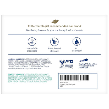 Dove Beauty Bar Soap Variety 4-Pack – Sensitive Skin, Fragrance-Free + Original, with Moisturizing Cream, 2.6 Oz Ea
