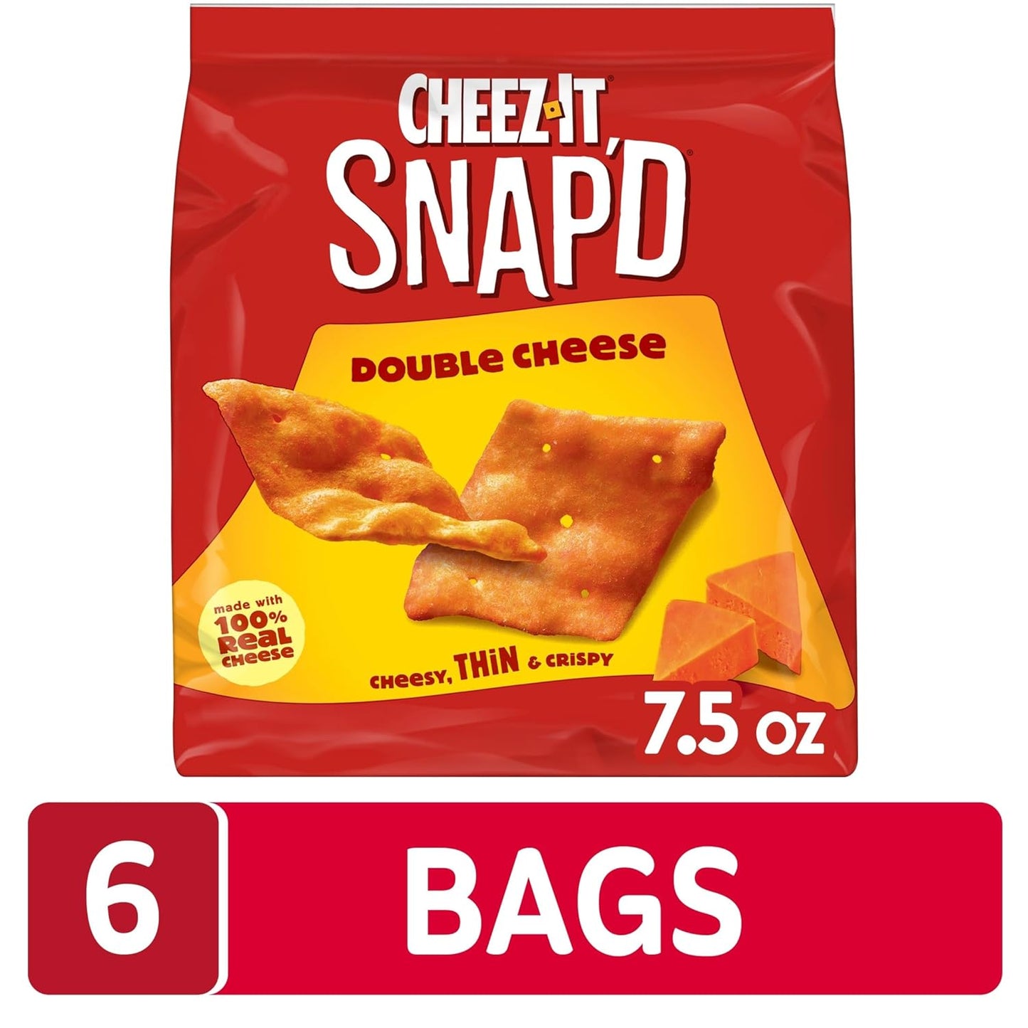 Cheez-It Snap'd Cheese Cracker Chips, Thin Crisps, Lunch Snacks, Double Cheese, 45oz Case (6 Bags)