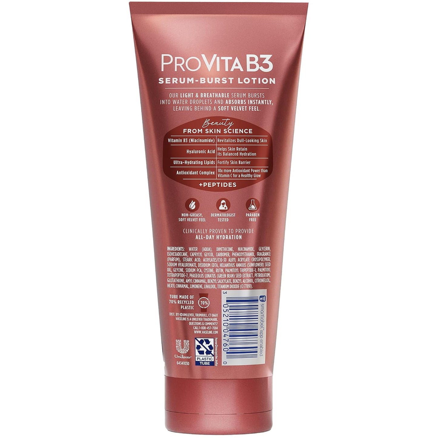 Vaseline Lotion, Pro VitaB3 Serum-Boost, Supple & Soft, 2-Pack – Weightless Hydration with Niacinamide, Hyaluronic Acid & Peptides, 7.5 Oz Ea