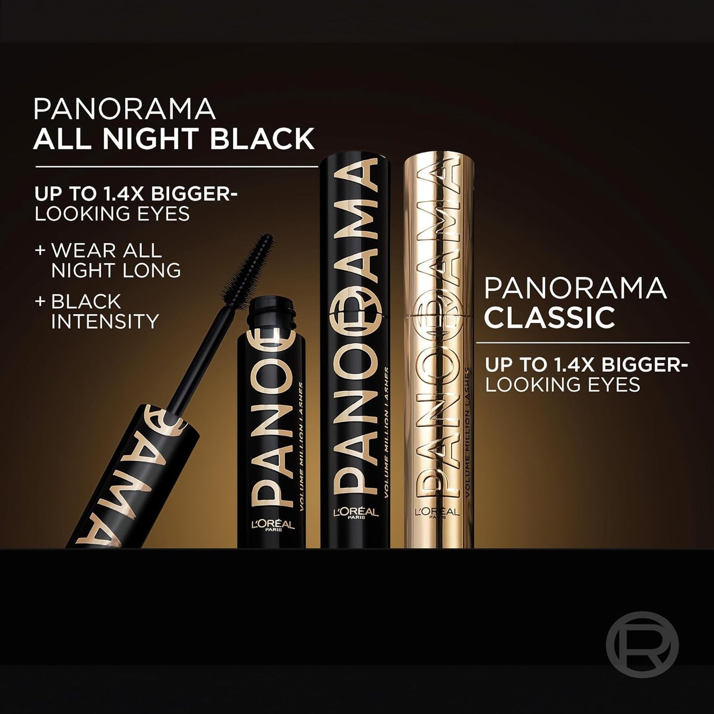 L'Oreal Paris Voluminous Panorama Mascara, Volumizing and Lengthening Formula, Longwear, Smudge-Resistant and Washable, All Night Black Mascara, 0.33 Fl Oz