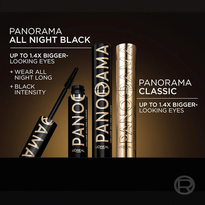 L'Oreal Paris Voluminous Panorama Mascara, Volumizing and Lengthening Formula, Longwear, Smudge-Resistant and Washable, All Night Black Mascara, 0.33 Fl Oz