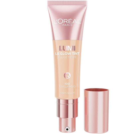 L'Oreal Paris Lumi Le Glow Tint Fluide Teinte, Lightweight Fluid Tint That Glow Like An Illuminator & Cover Like A Foundation, Cool/Froid 100, 0.84 Fl Oz