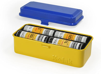 KODAK 120/135 Film Case - for 8 Rolls of 120 Films / 10 Rolls of 35mm Films - Retro Steel Case to Sort & Safeguard Film (Blue Top/Yellow Body)