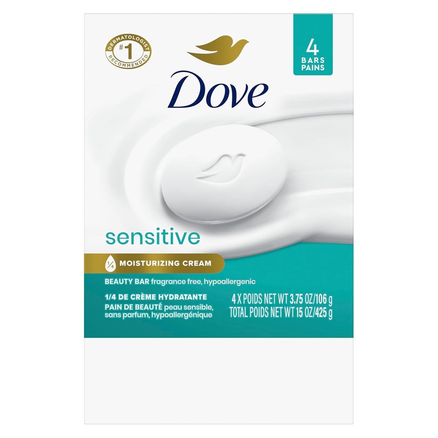 Dove Beauty Bar Soap Sensitive, 4 Bars for Sensitive Skin, Fragrance Free and Hypoallergenic 3.75 oz
