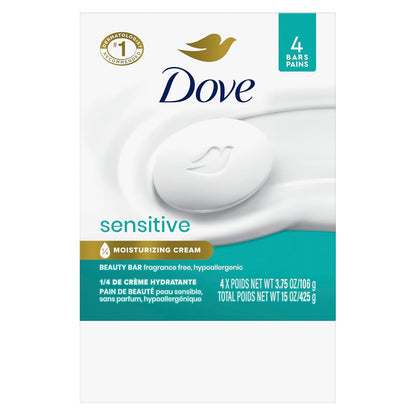 Dove Beauty Bar Soap Sensitive, 4 Bars for Sensitive Skin, Fragrance Free and Hypoallergenic 3.75 oz
