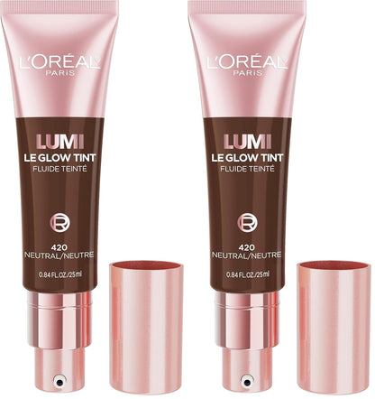 L'Oreal Paris Lumi Le Glow Skin Tint, Lightweight Water-Based Tinted Serum with Foundation-Like Coverage, Glow Illuminator, Neutral 420, 0.85 Fl Oz (Pack of 2)
