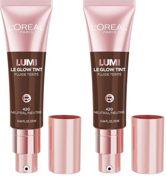 L'Oreal Paris Lumi Le Glow Skin Tint, Lightweight Water-Based Tinted Serum with Foundation-Like Coverage, Glow Illuminator, Neutral 420, 0.85 Fl Oz (Pack of 2)