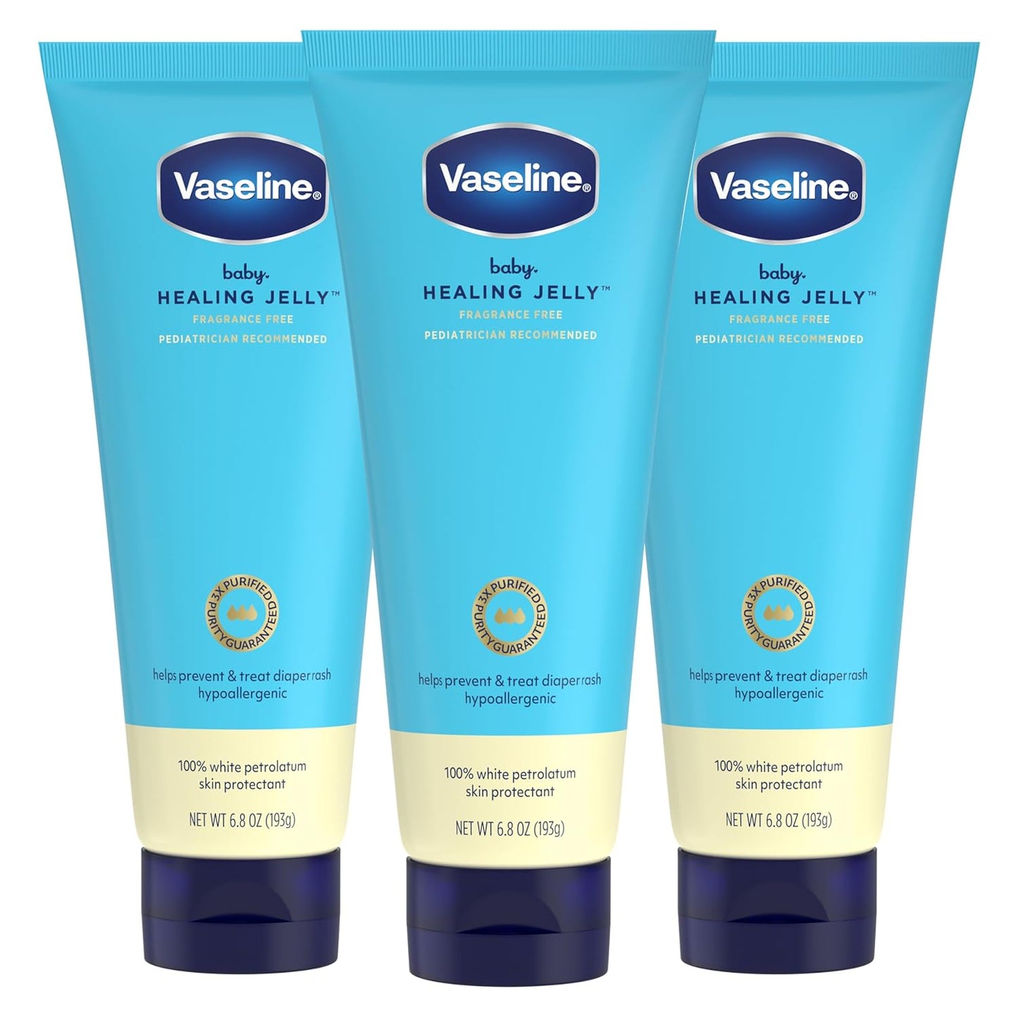 Vaseline Baby Healing Jelly 3 Pack White Petroleum Skin Protectant for Preventing & Treating Diaper Rash,with a Hypoallergenic, Pediatrician-Recommended Formula, 6.8 oz
