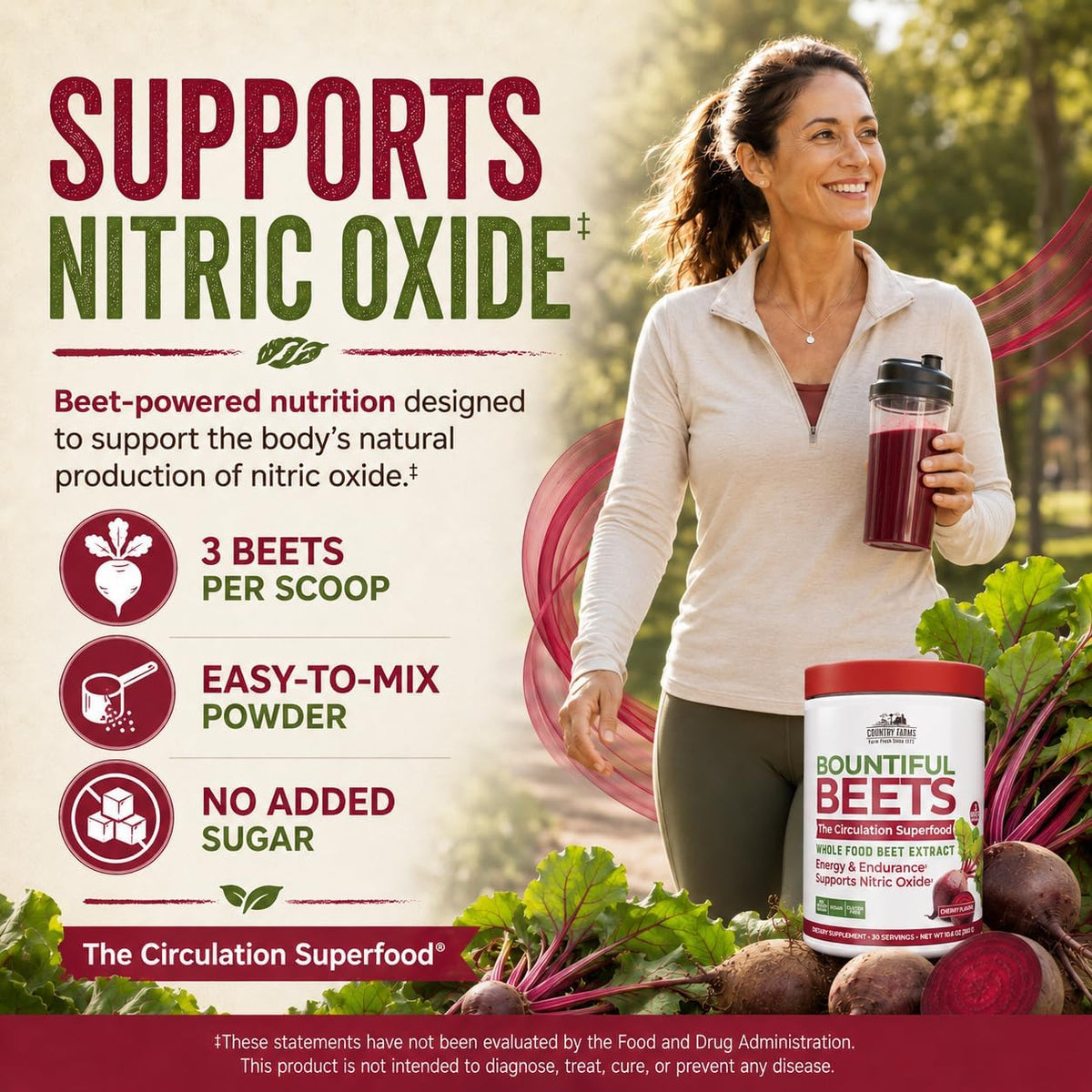 Country Farms Bountiful Beets, Wholefood Beet Extract Superfood, Helps Support Healthy Circulation and Promote Energy, Nitric Oxide Boost, Cherry Flavor, 30 Servings