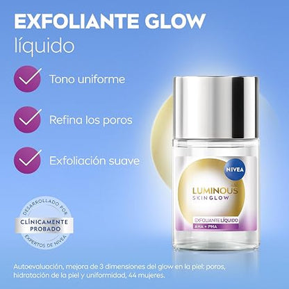NIVEA LUMINOUS 630 Skin Glow Liquid Exfoliant 100 ml – Ultra-Refining AHA & PHA Radiance Tonic for Silky-Smooth Texture, Enhanced Clarity and Illuminated Skin Appearance