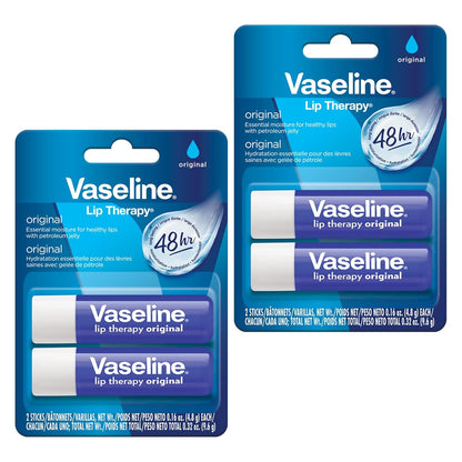 Vaseline Lip Therapy Care Original, Fast-Acting Nourishment, Ideal for Chapped, Dry, Cracked, or Damaged Lips, Lip Balm, 2-Pack of 2, 0.16 Oz Each, 4 Lip Balms