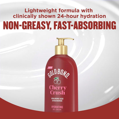 Gold Bond Cherry Crush Hydrating Gel Cream, Juicy Cherry Crush Scent, 24-Hour Hydrating Body Lotion with Hyaluronic Acid and Niacinamide, 14 oz.
