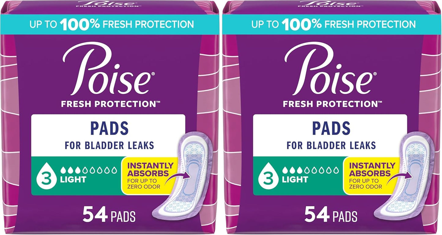 Poise Incontinence & Postpartum Pads for Bladder Leaks, 3 Drop Light Absorbency, Regular Length, Packaging May Vary, 54 Count, (Pack of 2)