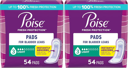 Poise Incontinence & Postpartum Pads for Bladder Leaks, 3 Drop Light Absorbency, Regular Length, Packaging May Vary, 54 Count, (Pack of 2)