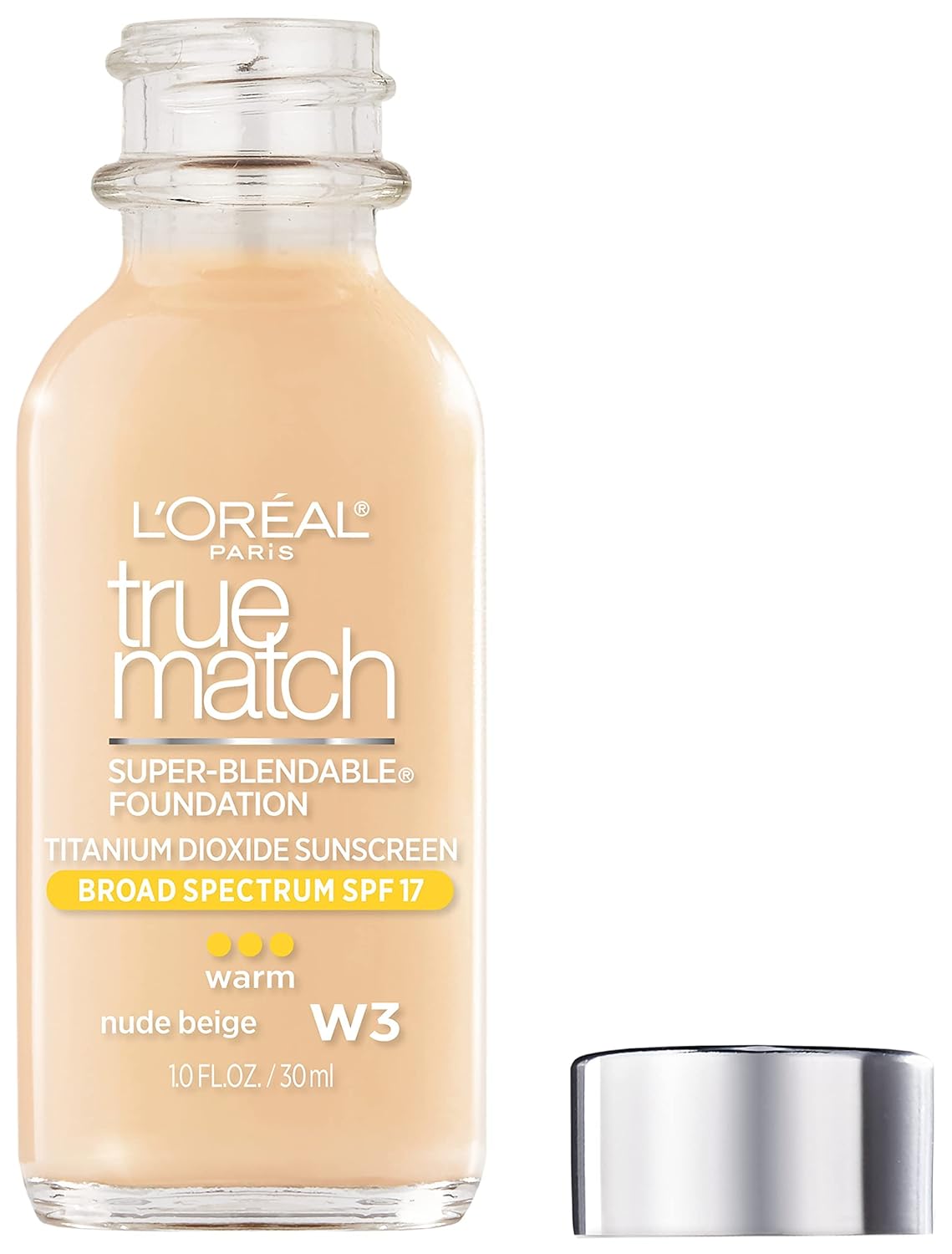 L'Oreal Paris Makeup True Match Super-Blendable Liquid Foundation, Nude Beige W3, 1 Fl Oz,1 Count