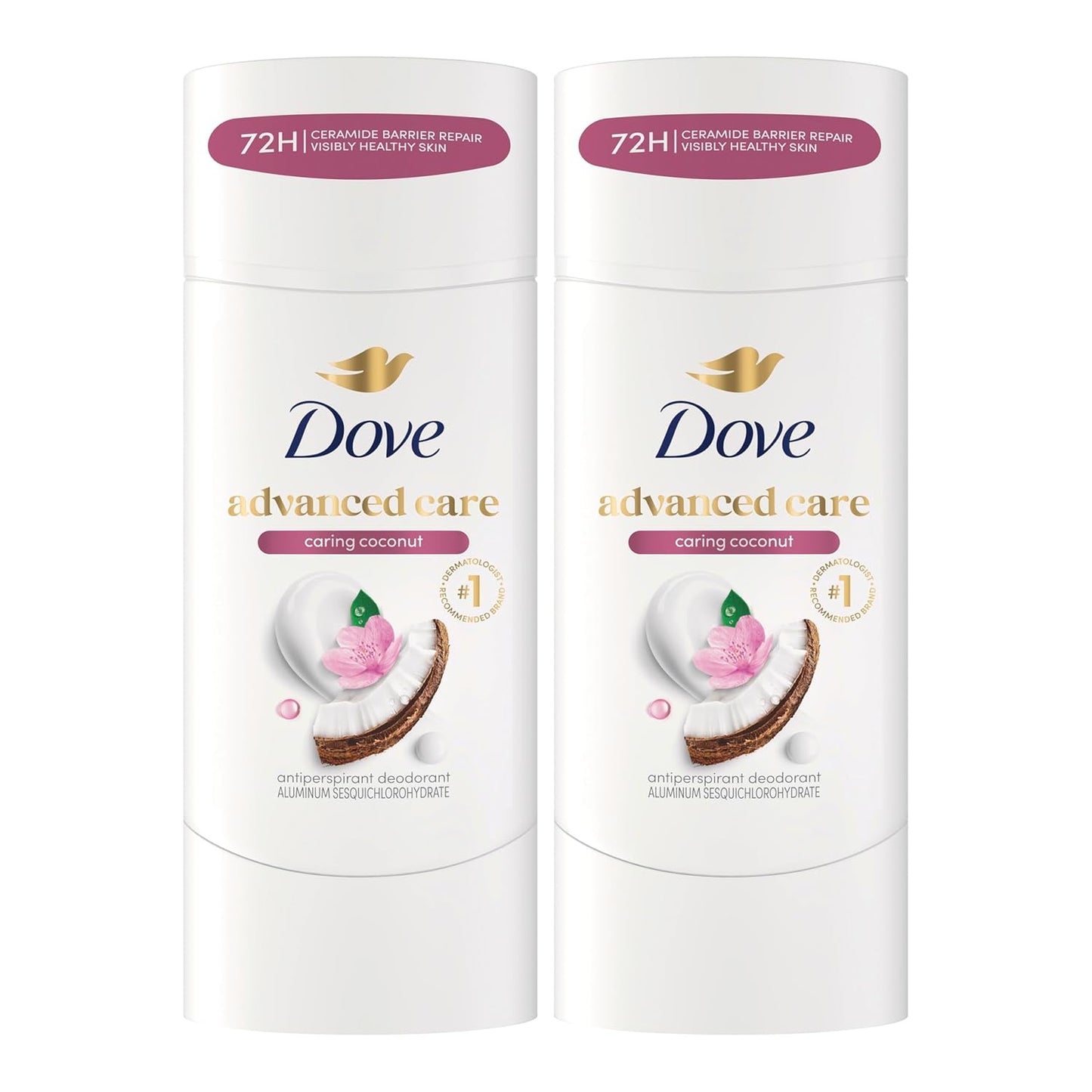 Dove Advanced Care Antiperspirant Caring Coconut, 2 Count Deodorant Stick for Women, for 48 Hour Protection And Soft And Comfortable Underarms, 2.6 oz