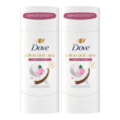 Dove Advanced Care Antiperspirant Caring Coconut, 2 Count Deodorant Stick for Women, for 48 Hour Protection And Soft And Comfortable Underarms, 2.6 oz