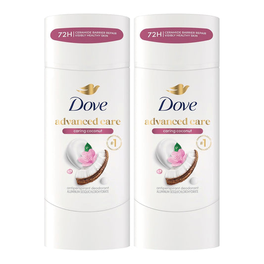 Dove Advanced Care Antiperspirant Caring Coconut, 2 Count Deodorant Stick for Women, for 48 Hour Protection And Soft And Comfortable Underarms, 2.6 oz