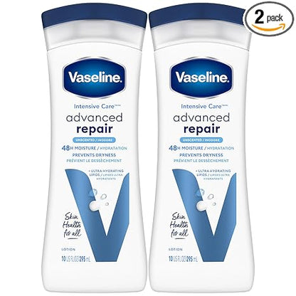 Vaseline Intensive Care Lotion, Unscented, Advanced Repair 2-Pack – Non-Greasy Moisturizer for Extremely Dry Skin, 10 Oz Ea
