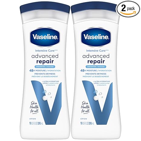 Vaseline Intensive Care Lotion, Unscented, Advanced Repair 2-Pack – Non-Greasy Moisturizer for Extremely Dry Skin, 10 Oz Ea