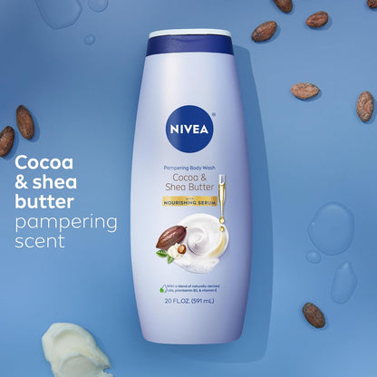 Nivea Pampering Cocoa and Shea Butter Body Wash with Nourishing Serum, Moisturizing Body Wash for Women, Enriched with Provitamin B5 and Vitamin E, 20 Fl Oz Bottle (Pack of 3)