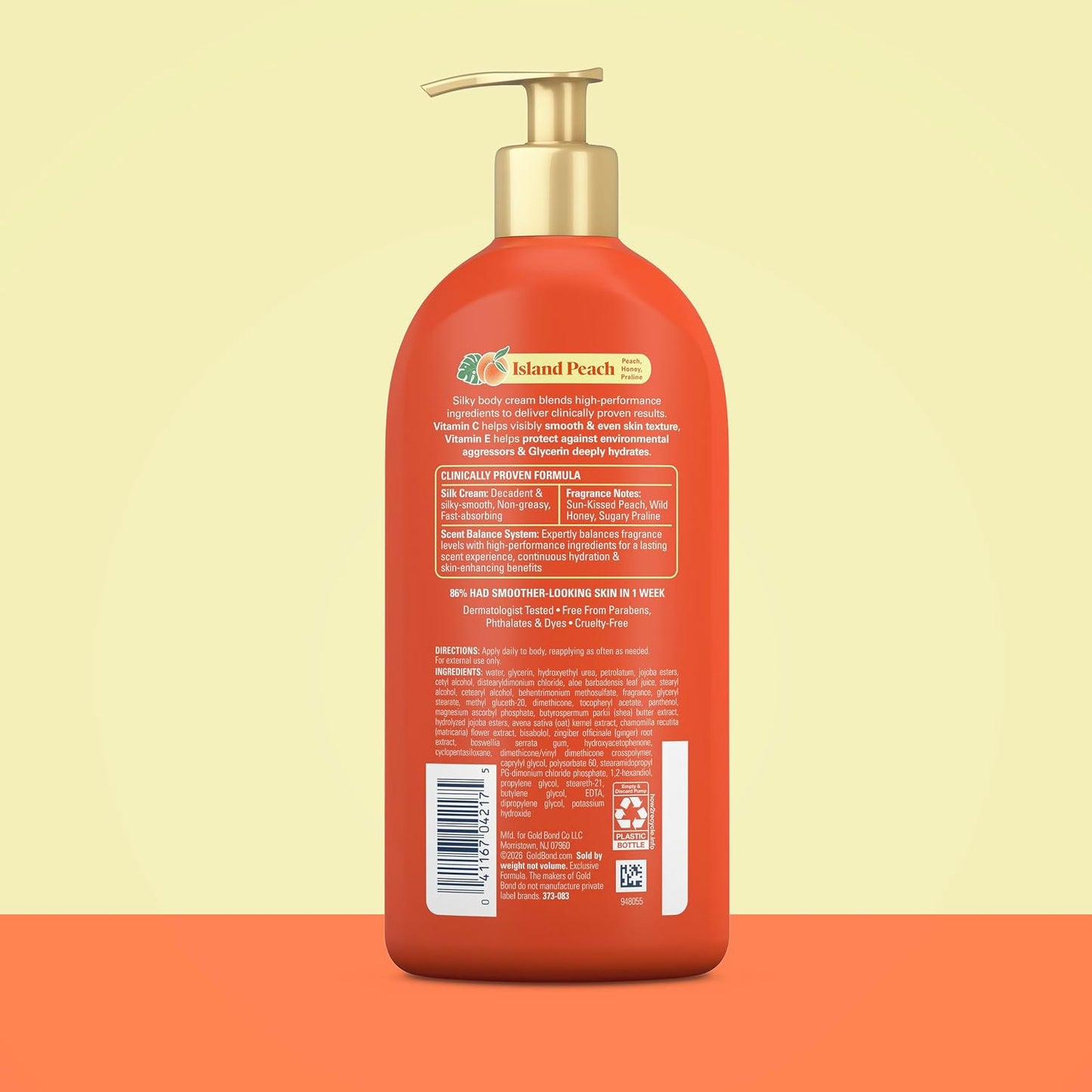 Gold Bond Island Peach Smoothing Silk Cream, Juicy Peach Scent, 24-Hour Hydrating Body Lotion with Vitamin C, Vitamin E, and Jojoba Oil, 14 oz.