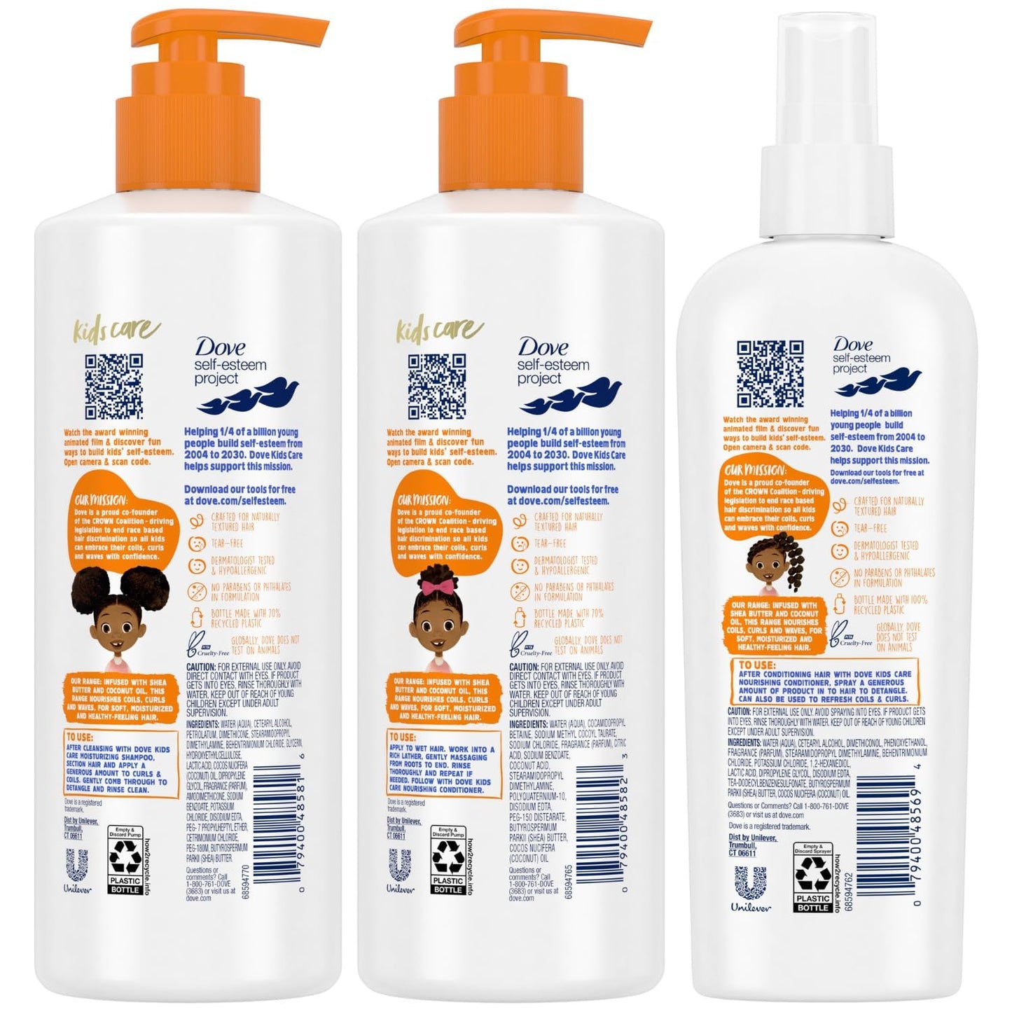 Dove Kids Shampoo & Conditioner Set with Shea Butter & Coconut Oil + 2-in-1 Detangler Spray, “Hair Love” Wavy, Coily, Curly Hair Products for Kids (Pack of 2)
