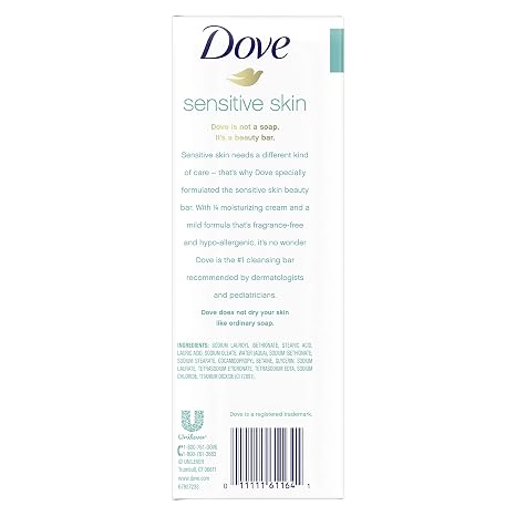 Dove Sensitive Skin Hypo-Allergenic Beauty Bar Soap, Unscented, 4 Ounces, 6-Pack