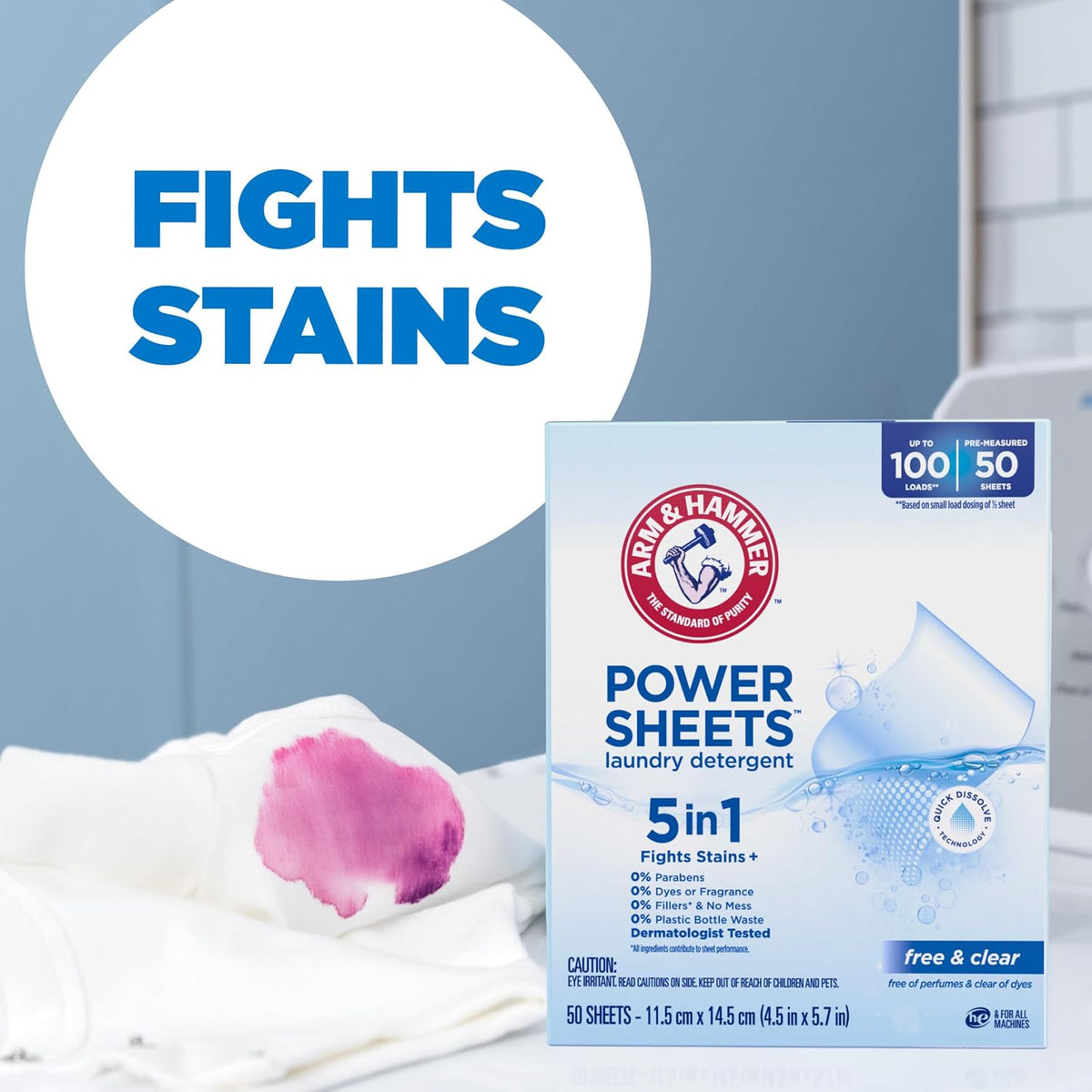 ARM & HAMMER 5in1 Power Sheets Laundry Detergent, Free & Clear, 50 Count