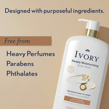Ivory Deeply Moisturizing Body Wash, 24hr Nourishing Hydration, Soothes Itchy Dry Skin, Made with Shea Butter Blend, Free of Dyes Heavy Perfumes Parabens & Phthalates, Oatmilk Scent, 27 oz