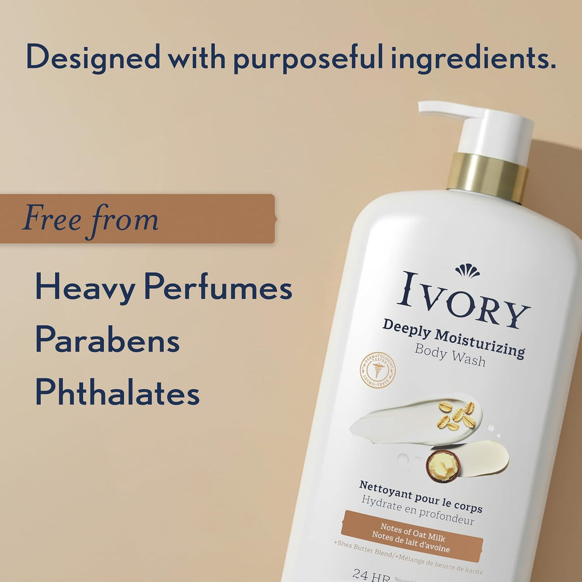 Ivory Body Wash, Deeply Moisturizing, 24hr Nourishing Hydration, Soothes Itchy Dry Skin, Made with Shea Butter Blend, Free of Dyes Heavy Perfumes Parabens & Phthalates, Oatmilk Scent, 27 oz