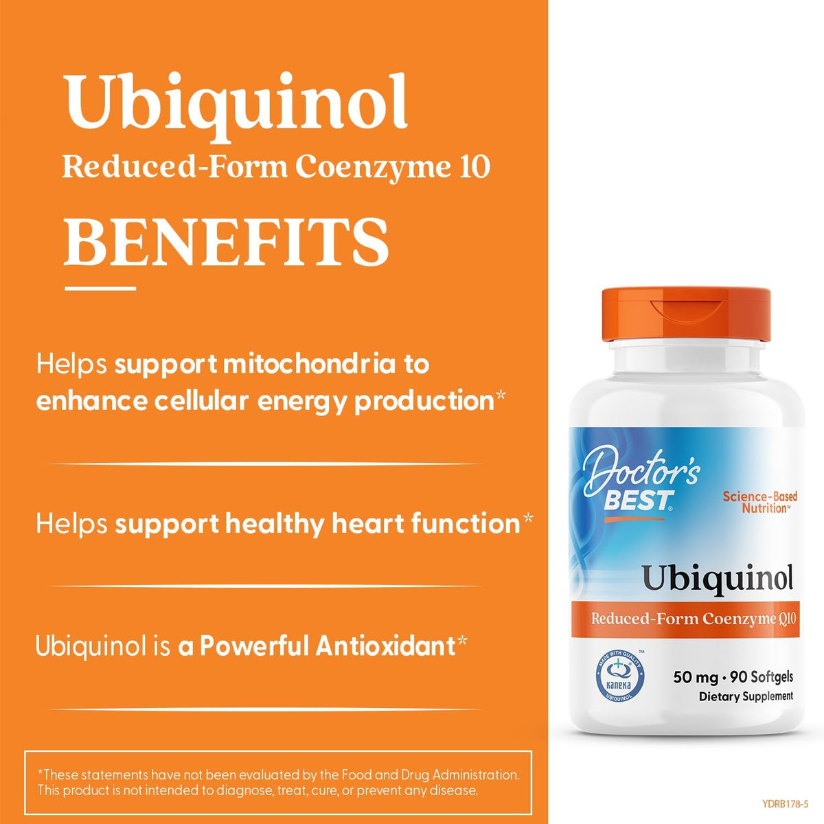 Doctor's Best Kaneka Ubiquinol 50 mg Supplement, Non GMO, 90 Softgels