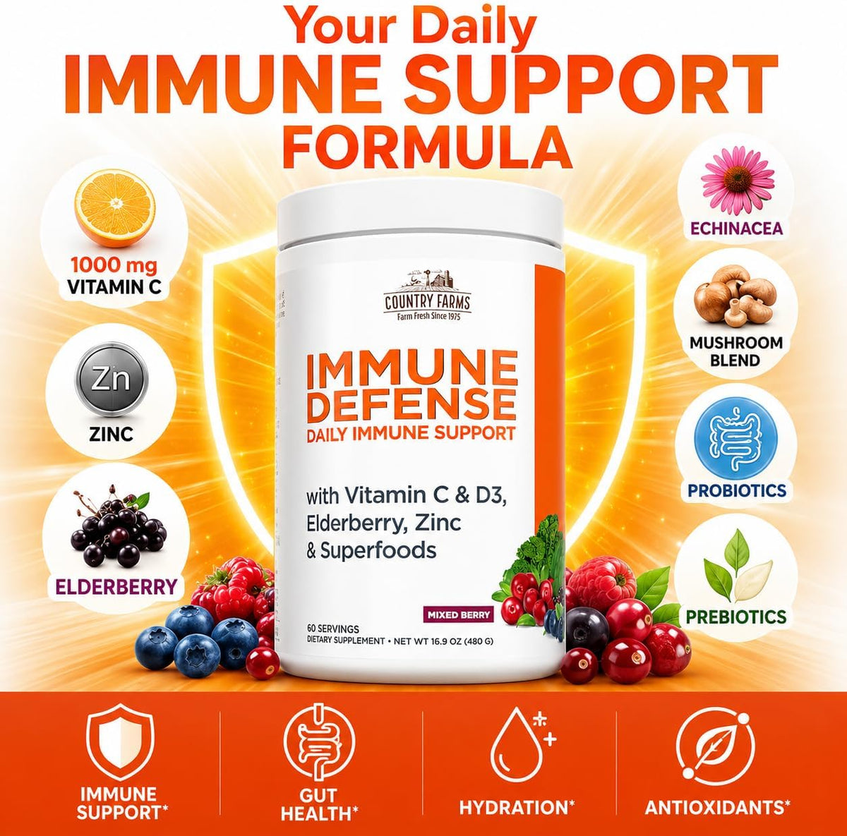Country Farms Immune Defense Superfoods, Immune Support Supplement, Vitamin C with Black Elderberry, Echinacea, Turmeric, Supports Hydration, with Probiotics and Prebiotics, Berry Flavor, 60 Servings