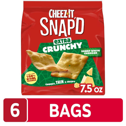 Cheez-It Snap'd Cheese Cracker Chips, Thin Crisps, Extra Crunchy, Sharp White Cheddar (6 Bags)