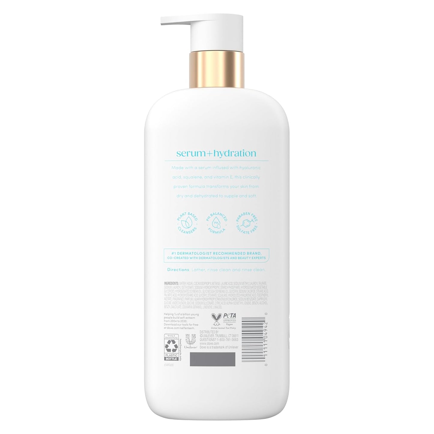 Dove Body Wash Hydration Boost Actively drenches dry skin 6% hydration serum with hyaluronic 18.5 oz