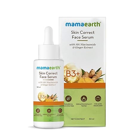 Mamaearth Skin Correct Face Serum | with Niacinamide and Ginger Extract to Reduce Acne Marks and Scars | Hydrating Serum Minimizes Open Pores | 1.01 Fl Oz/30ml | Lightweight serum texture suitable for daily skincare routines.