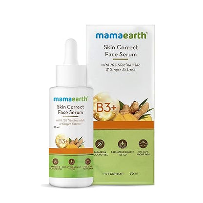 Mamaearth Skin Correct Face Serum | with Niacinamide and Ginger Extract to Reduce Acne Marks and Scars | Hydrating Serum Minimizes Open Pores | 1.01 Fl Oz/30ml | Lightweight serum texture suitable for daily skincare routines.