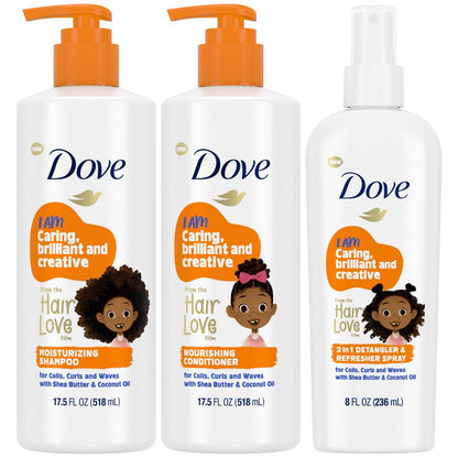 Dove Kids Shampoo & Conditioner Set with Shea Butter & Coconut Oil + 2-in-1 Detangler Spray, “Hair Love” Wavy, Coily, Curly Hair Products for Kids (Pack of 2)