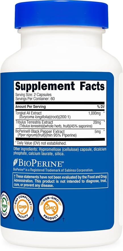 Nutricost Tongkat Ali 1,000mg 120 Capsules - with Tribulus Terrestris and BioPerine, Vegetarian Caps, Non-GMO, Gluten Free, Potent Extract (Pack of 2)