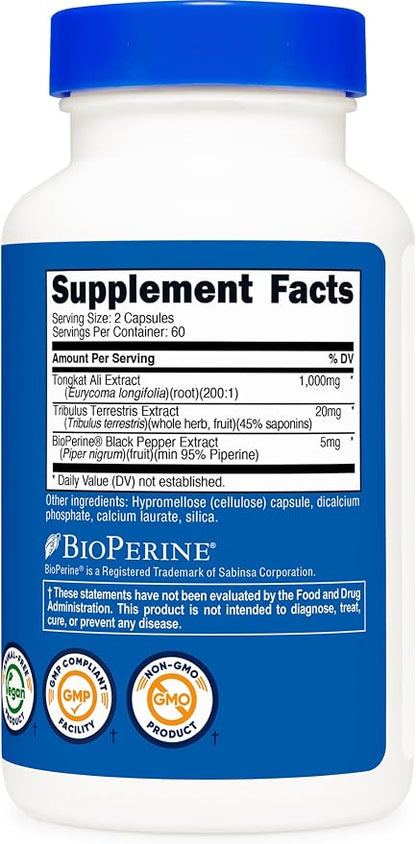 Nutricost Tongkat Ali 1,000mg 120 Capsules - with Tribulus Terrestris and BioPerine, Vegetarian Caps, Non-GMO, Gluten Free, Potent Extract (Pack of 2)