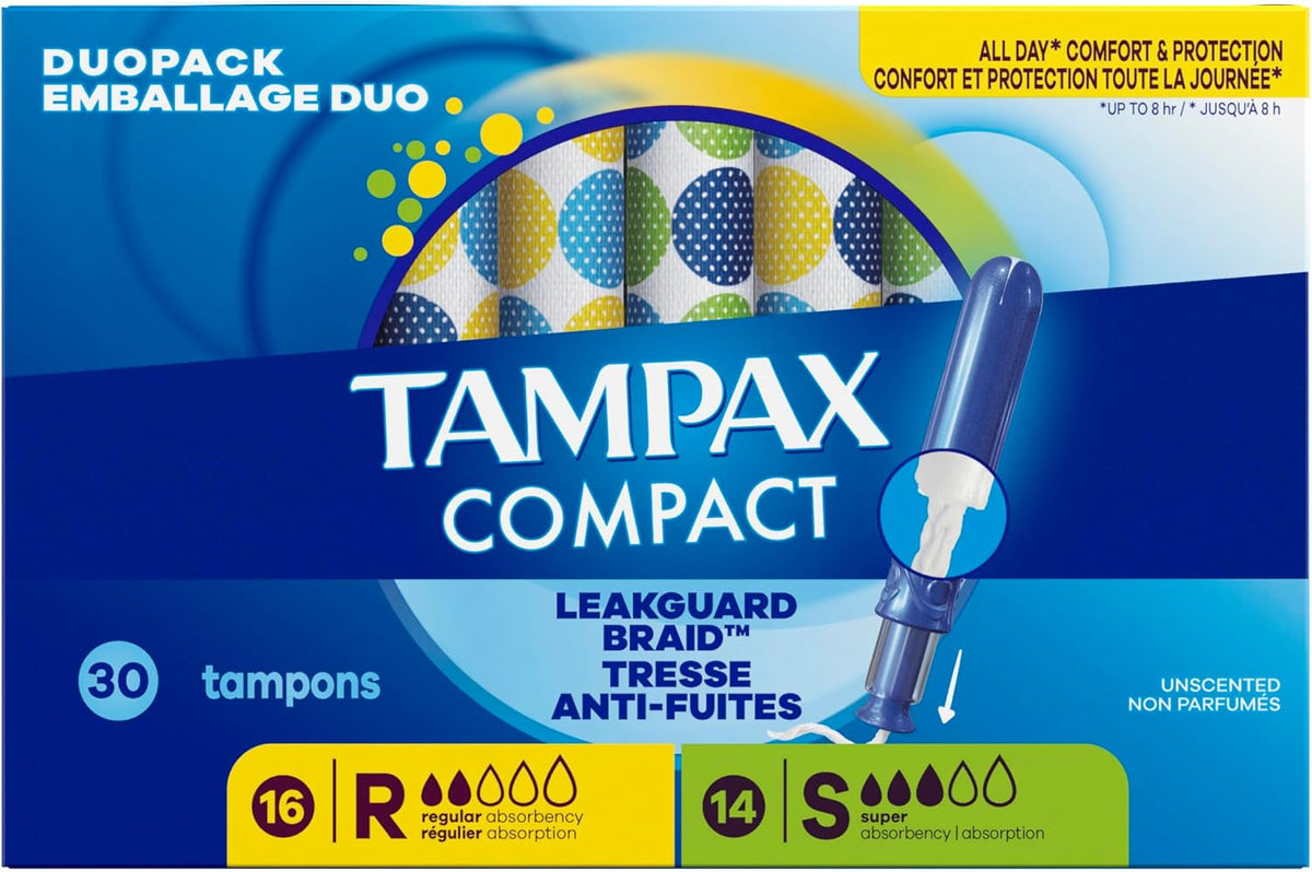 Tampax Compact Pearl Tampons Multipack, with LeakGuard Braid & Extendable Applicator, Regular/Super Absorbency, Compact Extendable Applicator, Unscented, 30 Count