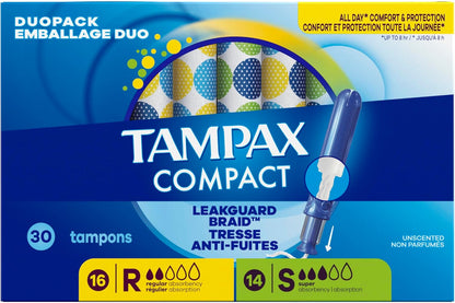 Tampax Compact Pearl Tampons Multipack, with LeakGuard Braid & Extendable Applicator, Regular/Super Absorbency, Compact Extendable Applicator, Unscented, 30 Count