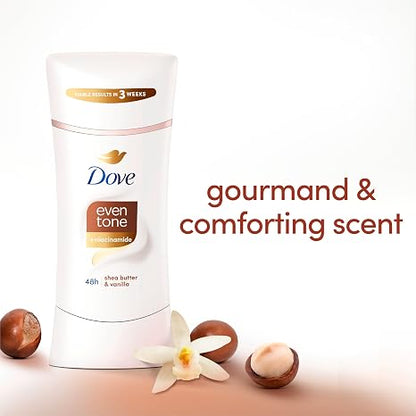 Dove Antiperspirant Deodorant Stick Even Tone Shea Butter & Vanilla Pack of 3 for 48h Odor and Sweat Protection & Skin Restoration, with Niacinamide & Visible Results in 3 Weeks, 2.6 oz