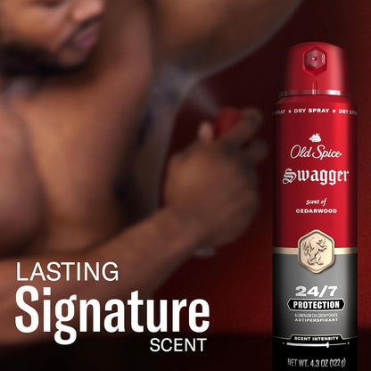 Old Spice Dry Spray Antiperspirant Deodorant for Men, 24/7 Sweat & Odor Protection Spray, Long Lasting Dry Spray, No Residue, Fresh Swagger with Cedarwood Scent, 4.3 oz Cans, (Pack of 2)