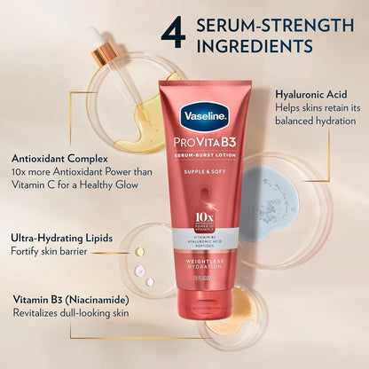 Vaseline Lotion, Pro VitaB3 Serum-Boost, Supple & Soft, 2-Pack – Weightless Hydration with Niacinamide, Hyaluronic Acid & Peptides, 7.5 Oz Ea