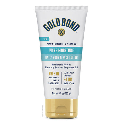 Gold Bond Pure Moisture Lotion, 5.5 oz., Ultra-Lightweight Face Lotion | Daily moisture, face and body lotion with hyaluronic acid, Ultra-lightweight lotion, 24-hour hydration, doesn't clog pores